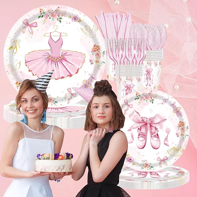 193Pcs Ballerina Birthday Party Decorations for 24 - Ballet Party Tableware Set with 7&9in Plates, Napkins, Cutlery Set, Tablecloth | Disposable Dance Party Supplies for Girls