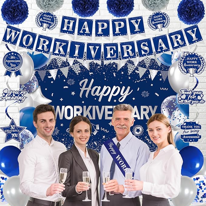 DARUNAXY Happy Workiversary Party Decorations for Men Women, Blue Silver Happy Work Anniversary Banner Cake Topper Hanging Swirl Confetti Balloons Decor Set for Employee Office Party Supplies(31PC)