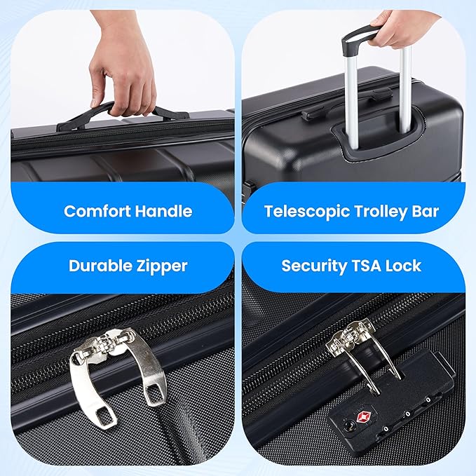 Simple Deluxe 20 Inch Expandable Hardside Carry On with Spinner Wheels & TSA Lock, ABS Hard Shell Lightweight Rolling Luggage Suitcase, Black