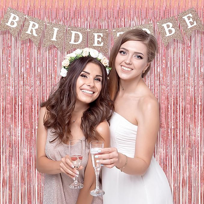 BRAVESHINE Rose Gold Metallic Tinsel Backdrop - 2Pcs 3.2x8.2ft Tinsel Foil Fringe Curtains Photo Booth Streamers for Valentines 21-st Birthdays Bachelorette Engagement Bridal Shower Party Decorations