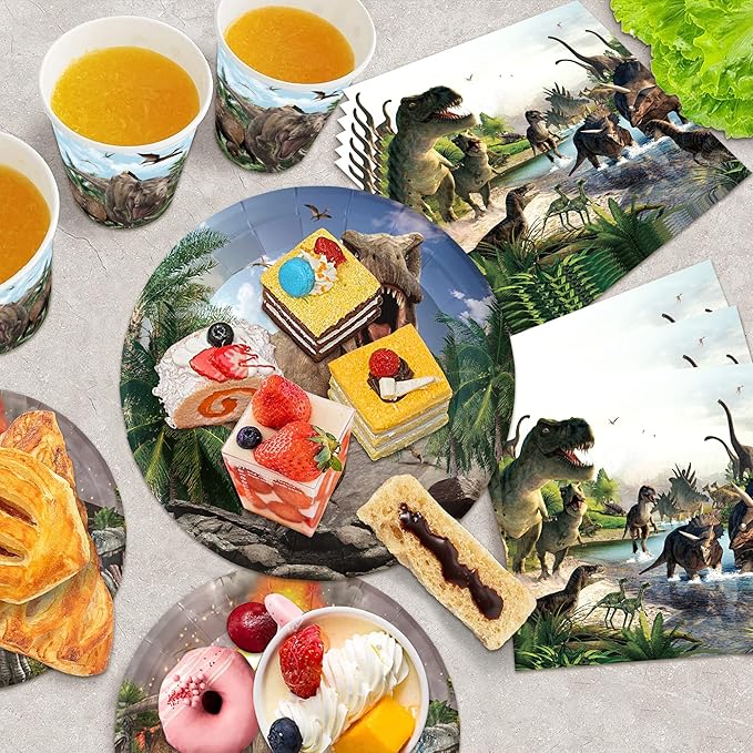Dinosaur Birthday Party Supplies Dino World Baby Kids Happy Birthday Party Disposable Tableware Set Plates Napkins Cups Green Forks for 24 Guests