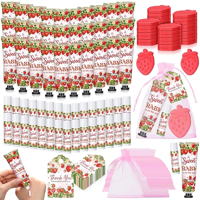 Loopeer 30 Set/150 Pcs Strawberry Baby Shower Favors for Guests Gifts Hand Cream Lip Balm Soap Party Favors Gifts Travel Size with Organza Bags, Thanks You Card for Baby Shower Birthday Wedding