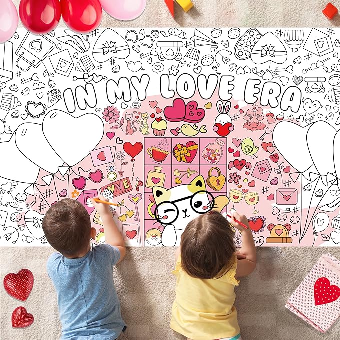 OHOME Valentines Crafts for Kids - Valentines Day Giant Coloring Poster/Tablecloth - 72×30 Inch Valentine's Day Banner Gifts Treats Activities Decor Party Decorations for Classroom School
