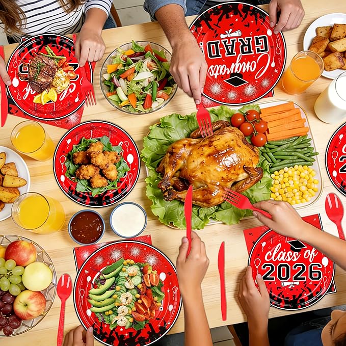 175PCS Graduation Plates and Napkins Set 2026 Graduation Party Supplies Tableware Set Include Paper Plate Napkin Cup Knife Fork Spoon for Grad Party Decor Serve25 (Red and Black)