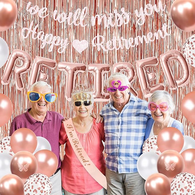 Holkcog Happy Retirement & We Will Miss You Party Decorations, Rose Gold Retirement Decor for Coworker, Retired Crown and Sash, Banner, Balloons, Farewell Party Set, Office Retired Party Supply