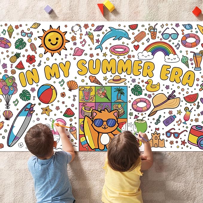OHOME Summer Giant Coloring Poster/Tablecloth - Summer Toys | 30 x 72 Inches Jumbo Coloring Banner - Kids Crafts Activities Games Decor Party Favors Birthday Decorations for Classroom School