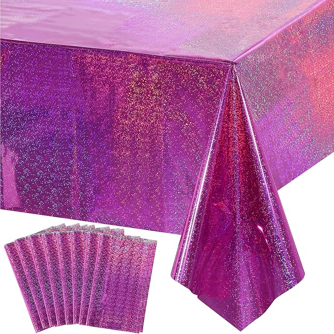 8 Pack Iridescence Plastic Tablecloths Shiny Disposable Laser Rectangle Table Covers Holographic Foil Tablecloth Iridescent Kpop Birthday Bridal Wedding Party Decoration, 54" x 108"(Pink & Purple)