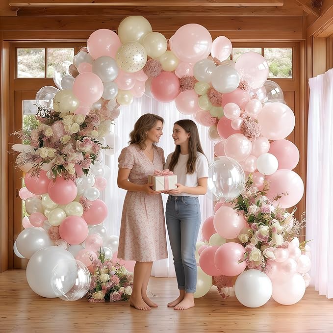 Light Pink White Balloon Arch, Double Stuffed Pastel Pink White Sand Pearl Balloon with Clear Latex Balloon for Baby Shower Birthday Bridal Mother’s Day Party Decorations