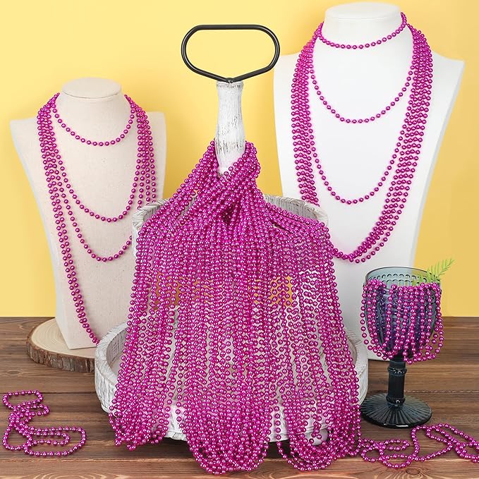 Breast Cancer Awareness Accessories, 15PCS Metallic Rose Red Bead Necklace Party Favors, 33" Mardi Gras Christmas Necklace Stuff, Festival Parade Throw Accessories for Wedding Birthday Gender Reveal
