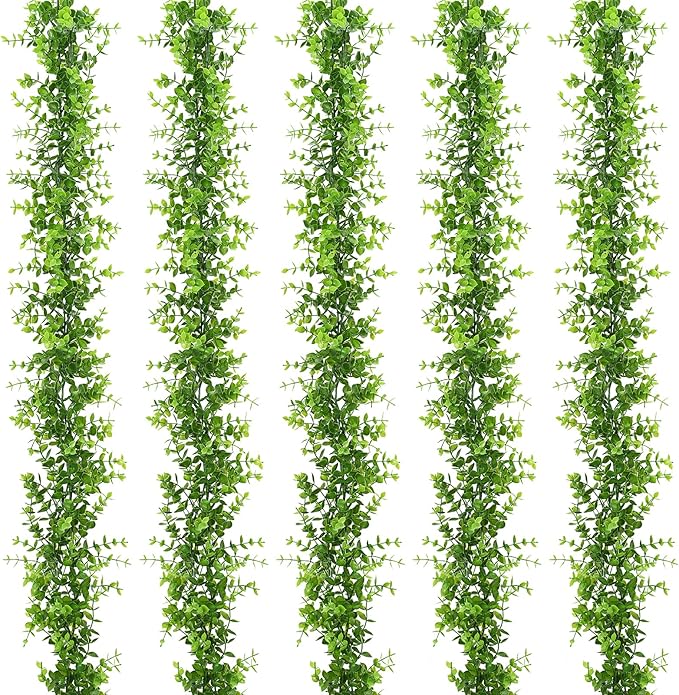Dolicer 5 Packs Faux Eucalyptus Greenery Garland, 30FT Artificial Eucalyptus Leaves Vine, Fake Hanging Garlands Wedding Backdrop Arch Wall Table Party Decor (Green)