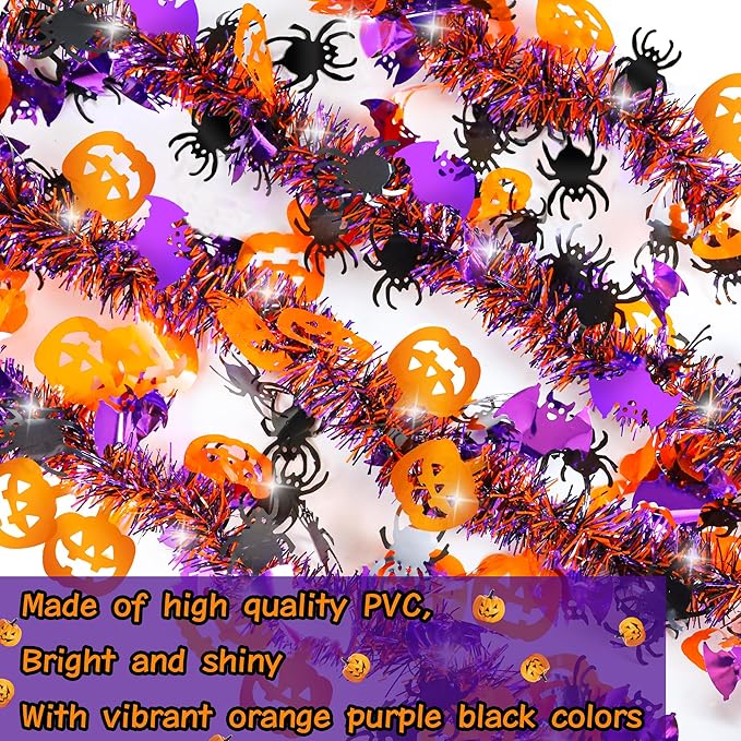 Halloween Decorations,50 FT Halloween Tinsel Garland with Orange Pumpkin Black Spider Purple Bat, Shiny Metallic Twist Garland for Home Tree Indoor Outdoor Party Decorations