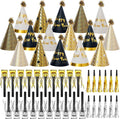 48 Pcs Happy New Year 2026 Party Hats – Gold NYE Cone Hats, Horns & Whistles Set for Adults & Kids, Black Gold New Year’s Eve Party Supplies Decorations