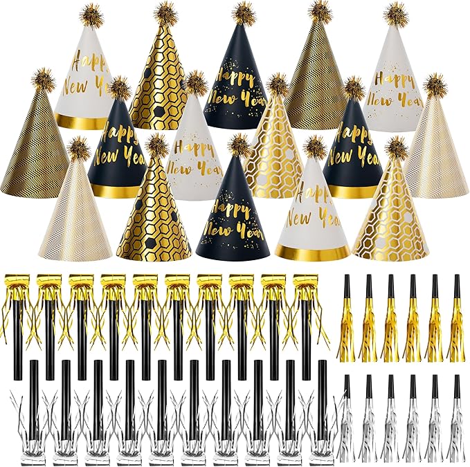 48 Pcs Happy New Year 2026 Party Hats – Gold NYE Cone Hats, Horns & Whistles Set for Adults & Kids, Black Gold New Year’s Eve Party Supplies Decorations