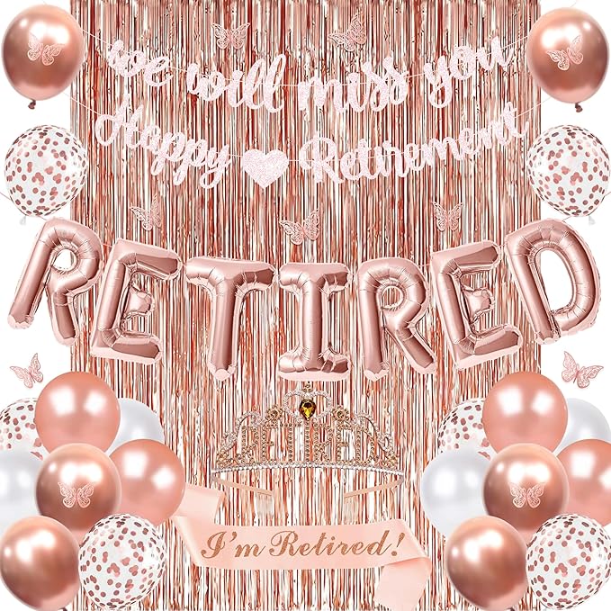 Holkcog Happy Retirement & We Will Miss You Party Decorations, Rose Gold Retirement Decor for Coworker, Retired Crown and Sash, Banner, Balloons, Farewell Party Set, Office Retired Party Supply