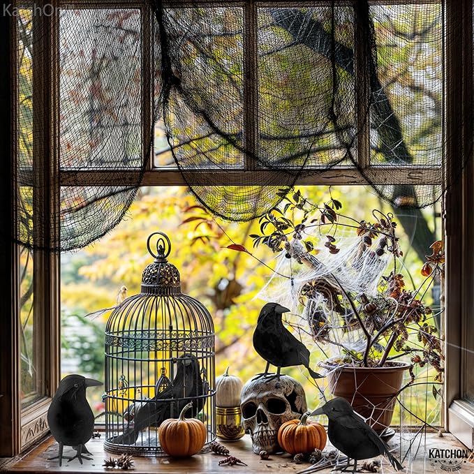 KatchOn, Halloween Creepy Cloth and Crows - Pack of 7 | 72x30 Inch, Black Spooky Cloth Realistic Black Feathered Crows | Scary Decor and Raven Decorations | Halloween Decorations Outdoor Indoor