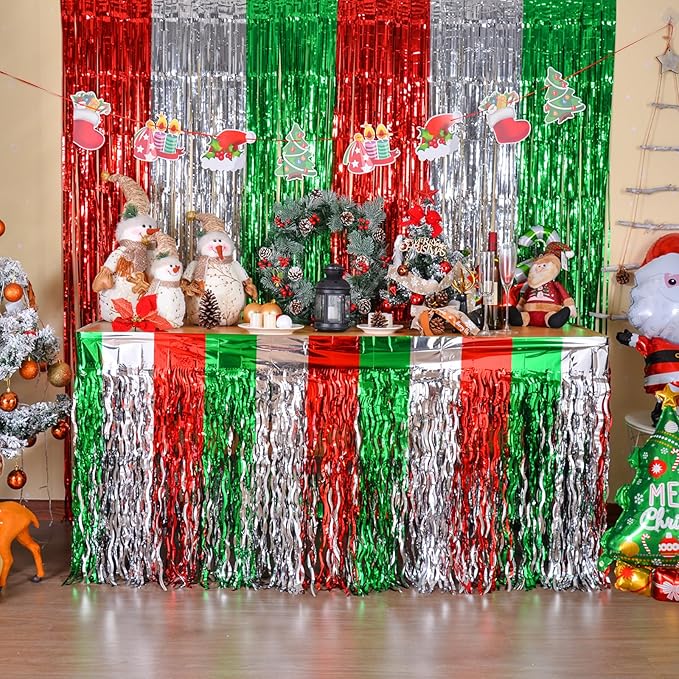 LOLStar Christmas Party Decorations, 4 Pack Red Silver and Green Wavy Metallic Tinsel Foil Fringe Table Skirt for Rectangle & Round Tables, Perfect Table Decorations for Christmas Ugly Sweater Party