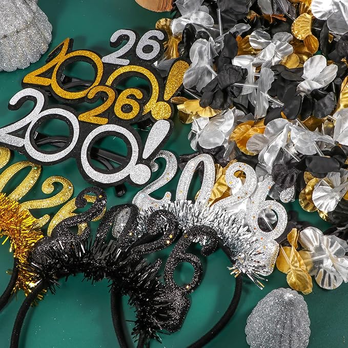Atonofun New Years Eve Party Supplies 2026, 24 Pcs New Year Glasses Headband Tiara Leis 2026 New Year Party Eve Decorations for Kids Adults