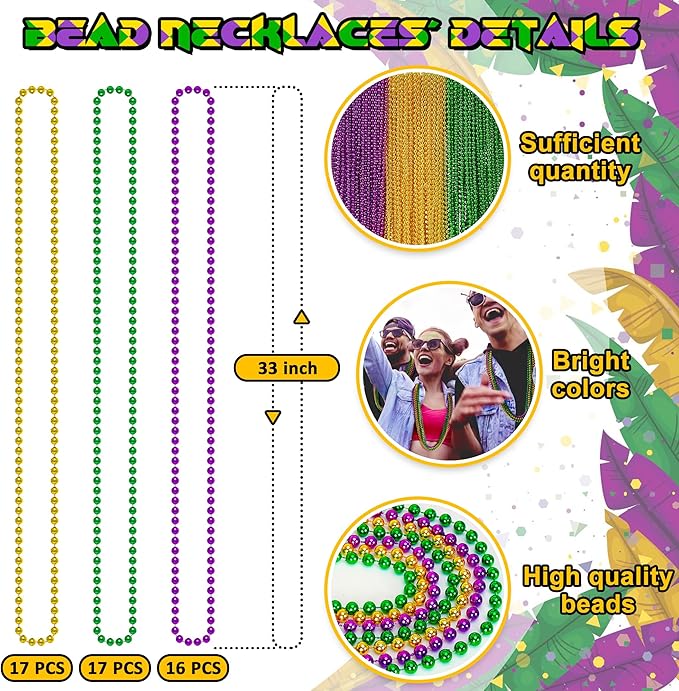 50PCS Mardi Gras Beads, Mardi Gras Green Purple Gold Necklaces Bulk, Metallic Mardi Gras Beads Necklace Accessories Costumes for Parade Throws Party Decorations Favor Supplies