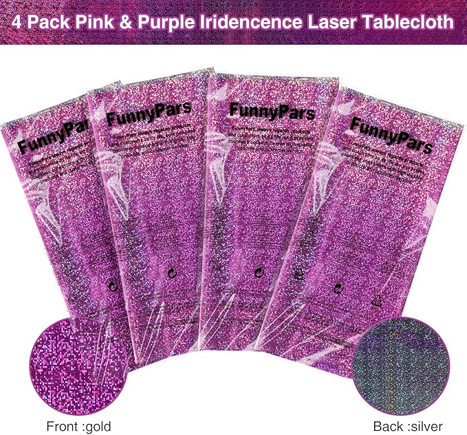 4 Pack Iridescence Plastic Tablecloths Shiny Disposable Laser Rectangle Table Covers Holographic Foil Tablecloth Iridescent Kpop Birthday Bridal Wedding Party Decoration, 54" x 108"(Pink & Purple)