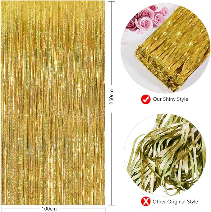 Gold Fringe Curtain - 2 Packs 3ftx8ft Sparkle Metallic Party Backdrop Curtain Photo Booth Props Birthday Decorations Gold Birthday Backdrop