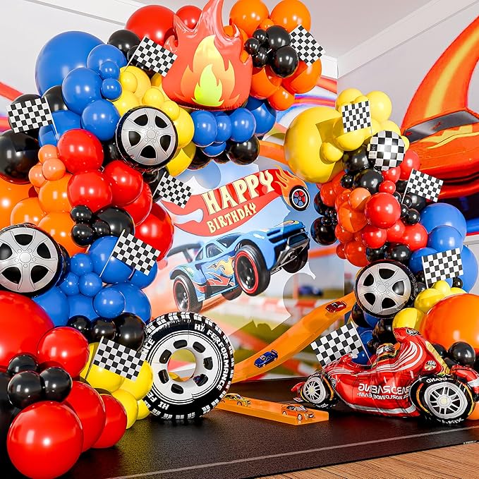 ALL-IN-1 Race Car Balloon Arch Kit with BONUS Flame & Race Car for Hot Wheels Birthday Decorations - Monster Truck Balloons for Hot Wheels Party Decorations - Hot Wheels Balloons, Monster Truck Party