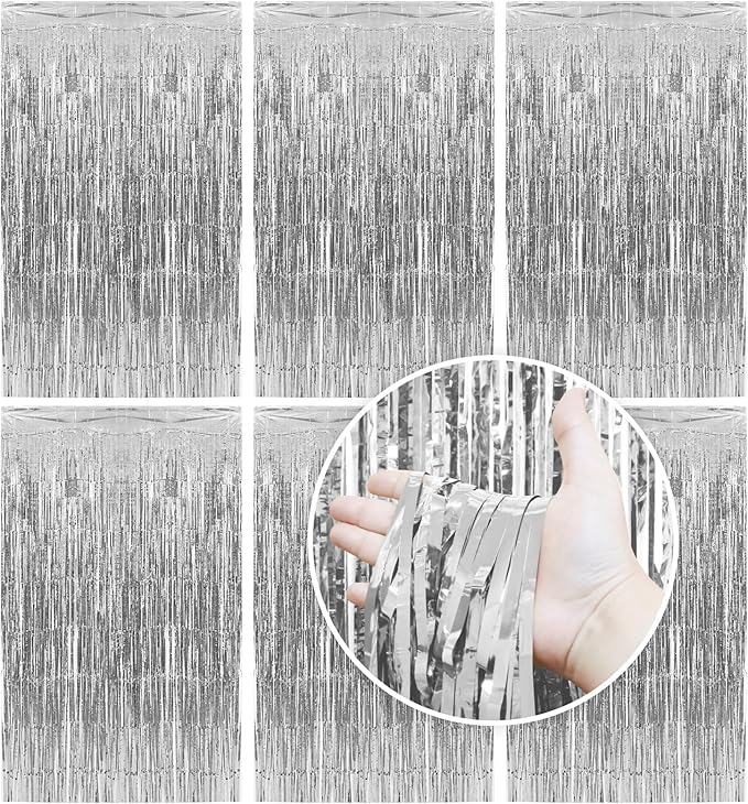 Homiest 6 Pack Silver Tinsel Backdrop, 3.3x6.6 FT Metallic Tinsel Foil Fringe Curtains Party Decorations, Birthday Door Streamers for Baby Shower Wedding, Photo Booth Props Background Wall Decor