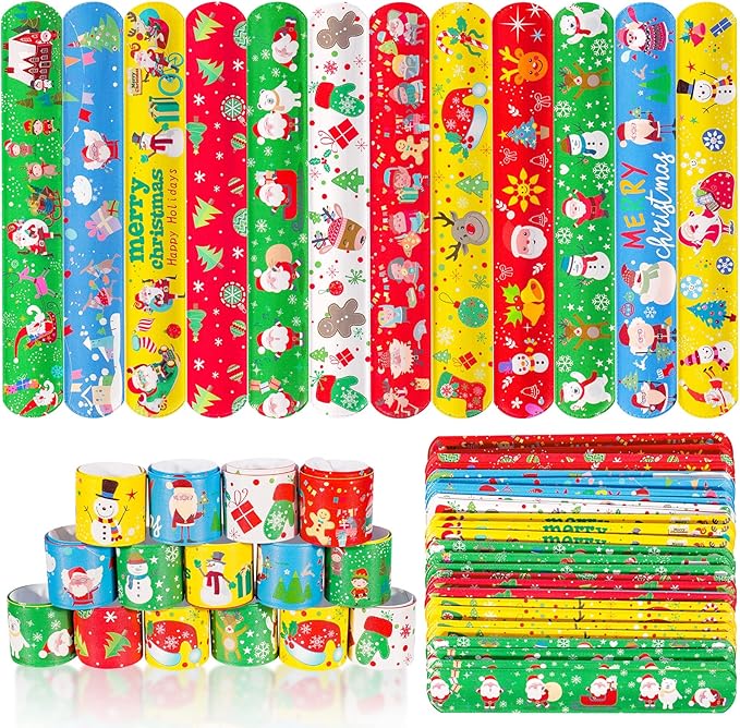 Max Fun 48pcs Christmas Slap Bracelets Party Favors Toys for Kids Xmas Party Favors Stocking Stuffers (Christmas)