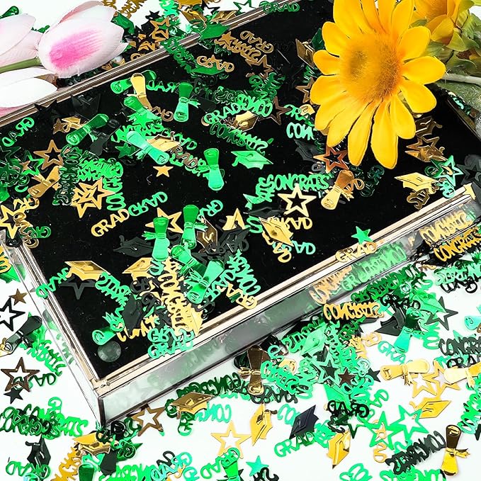 Green Gold and Black Graduation Confetti 2026, 1000 Pcs Congrats Grad Confetti Class of 2026 Party Table Centerpiece for 2026 Graduation Party Decorations