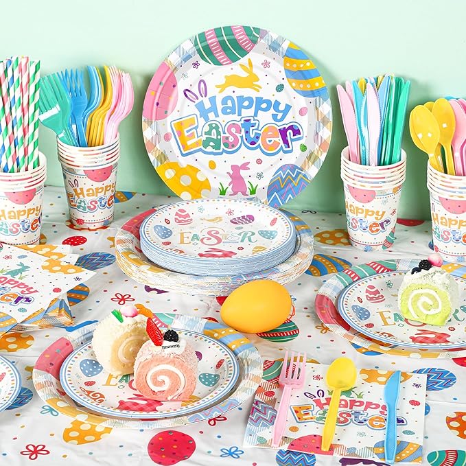 Kochorie 194 Pieces Happy Easter Tableware Set Colorful Easter Bunny Egg Dinnerware Includes Paper Plates Cups Napkins Straws Plastic Cutlery Tablecloths for Spring Birthday Party Supplies, Serves 24