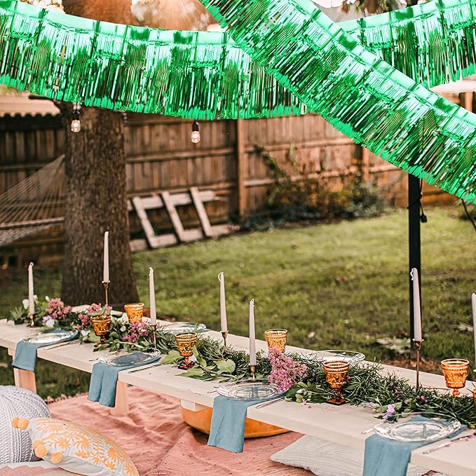 4 Pack Float Fringe Curtains, Metallic Foil Fringe Garland Shiny Tassel Foil Float Parade Float Decorations for Trailer Car Graduation Homecoming Outdoor Indoor St Patrick's Party (Green)