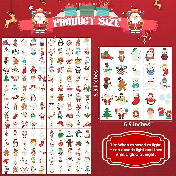150PCS Luminous Christmas Tattoos, Christmas Accessories, 150 Kinds of Glow in the Dark Xmas Temporary Tattoos, Stocking Stuff Xmas Supplies, Xmas Goodie Bag Candy