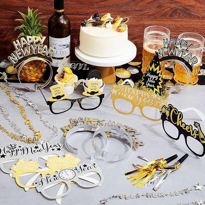 120 Pcs 2026 New Years Eve Party Supply Decor Kit Happy Headband Bulk Glass Cone Hat Necklace Blowout for New Years Favor