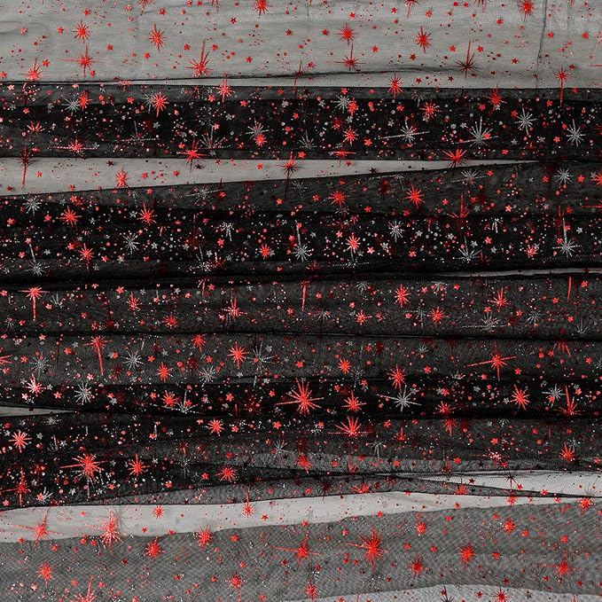 Horaldaily Black Red Gold Sparkling Star Gauze Tablecloth 60x84 Inch Rectangular, Red Star Sequin Glitter Metallic Foil, Sheer Tulle Cheesecloth for Wedding Baby Shower Party