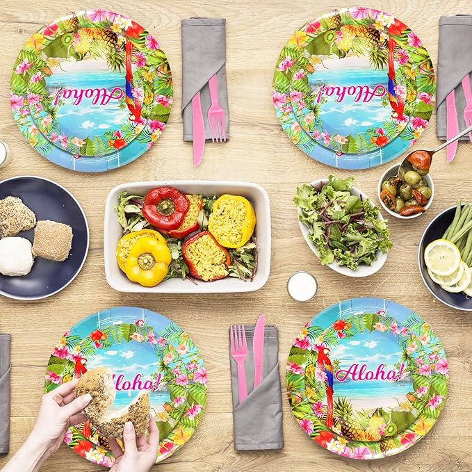 175 Pcs Aloha Tropical Flamingo Party Supplies Set - Serves 25, Hawaiian Luau Disposable Tableware, Includes Plates, Cups, Napkins, Forks, Spoons, Knives for Summer Beach Birthday Pool Decorations
