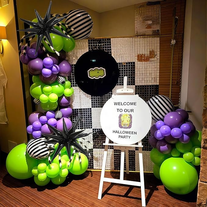 Halloween Balloon Arch Garland Kit, Purple Neon Green Party Decor with Star Spikes & Black and White Stripes Foil Balloons, Black Eyes Green Spooky Balloon for halloween Outdoor Party Decorations