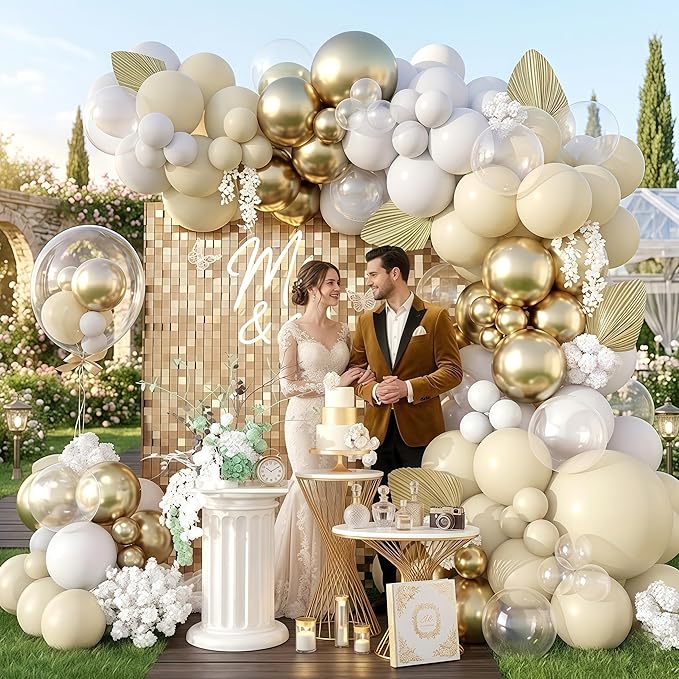 128PCS White Sand Gold Balloons Arch Kit, Nude Bridal Shower Balloon Garland with Metallic Gold Balloons for Bachelorette Bride to be Boho Wedding Baby Shower Birthday Graduation Party Decorations