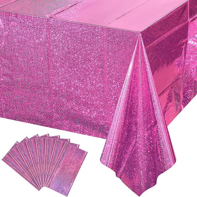8 Pack Iridescence Plastic Tablecloths Shiny Disposable Laser Rectangle Table Covers Holographic Foil Tablecloth Iridescent Kpop Birthday Bridal Wedding Christmas Party Decoration, 54" x 108" (Pink)