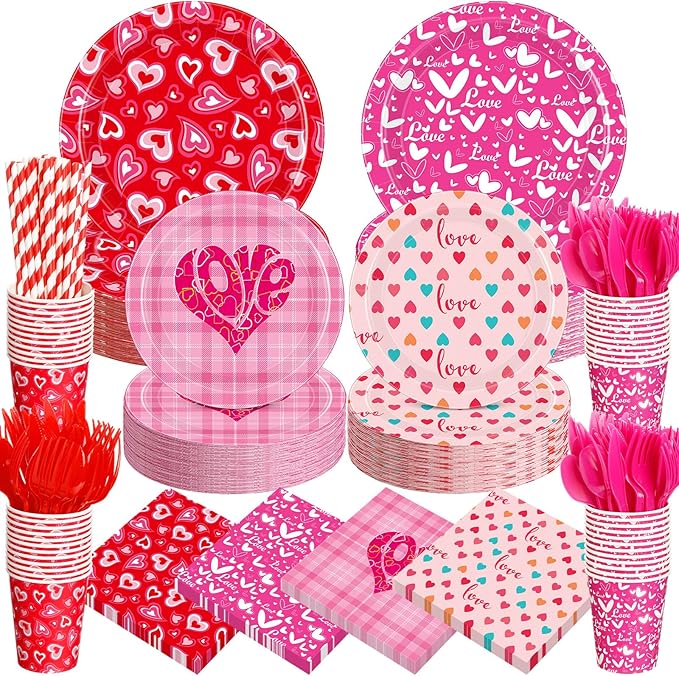 450 Pcs Heart Love Tableware Set Decorations Mother's Day Paper Plates Napkins Cups Cutlery Straws for Church Event Party Supplies, Serves 50