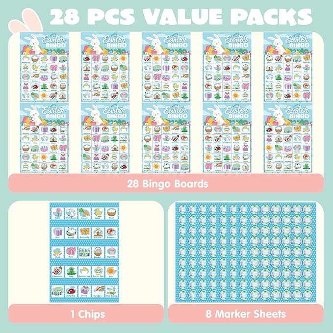 JOYIN 28 Players Easter Bingo Card (5x5) with Blue Color for Kids, Boys, Girls and Adults, Easter Games, School Classroom Activities and Easter Basket Stuffers