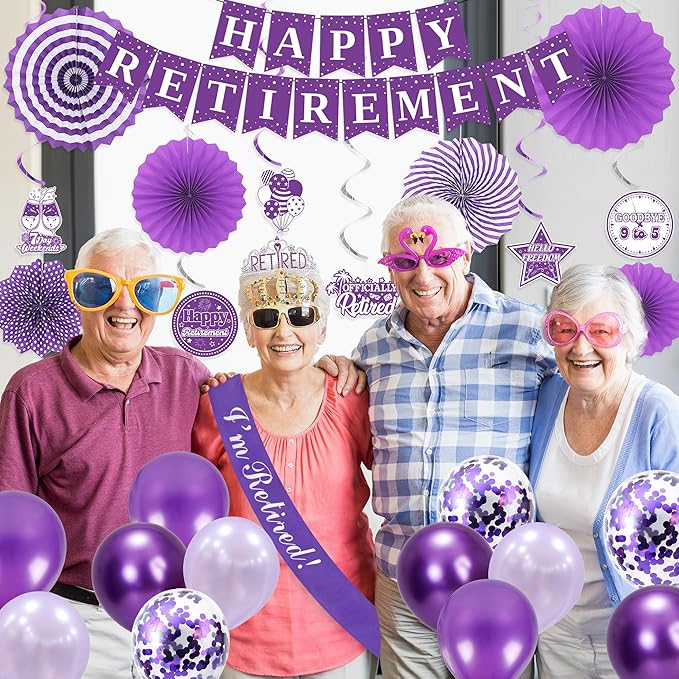 Holkcog Purple Retirement Party Decorations for Women, Silver Purple Happy Retired Banner Backdrop Paper fan Hanging Swirls for Coworker, I'm Retired Sash & Tiara Set, Great for Retiring Women Supply