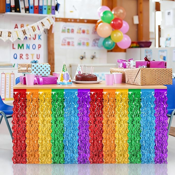 Rainbow Table Skirt, 2 Pack Desk Skirts Party Decorations, Colorful Metallic Wavy Tinsel Foil Fringe Table Skirts, Rainbow Foil Table Skirt for Birthday Classroom Teacher Pride Month Decor
