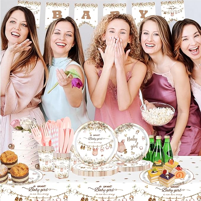 Pink Baby Girl Shower Decorations – 194 PCS A Sweet Girl Is On Her Way Party Supplies for 24 Guests, Includes Plates, Cups, Napkins, Cutlery, Banner & Tablecloth