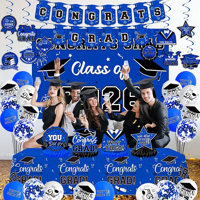 Graduation Decorations 2026, Class of 2026 Backdrop, Banner, 2026 Foil Balloons, Tablecloth, Hanging Swirls, Honeycomb Centerpieces, Party Supplies Decorations Set for College (BLUE)
