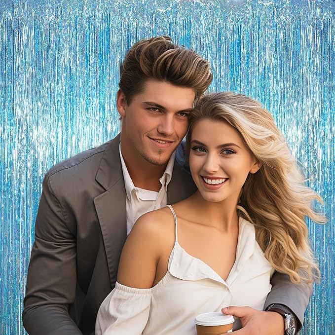 3.3 x 6.6 ft Foil Fringe Backdrop Curtains, Tinsel Streamers Party Decorations, Fringe Backdrop for Birthday, Baby Shower, Gender Reveal, Graduation (9, Light Blue)