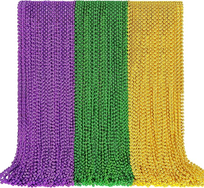 102 PCS Mardi Gras Beads, 33'' Metallic Gold Green Purple Mardi Gras Beads Necklaces Mardi Gras Necklaces Accessories Bulk Carnival Bead Necklace for Mardi Gras Parade Throws Party Decorations Favors