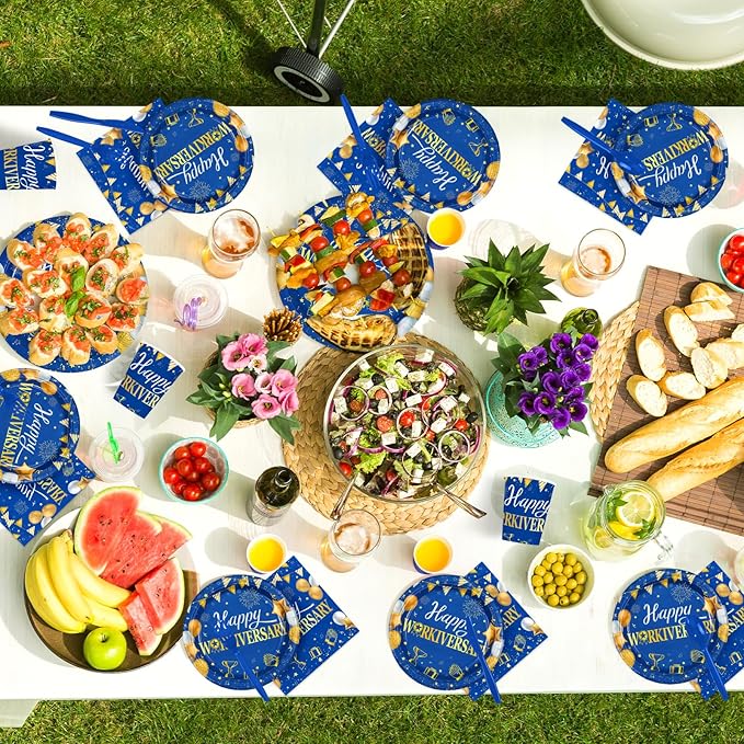 168Pcs Happy Workiversary Party Decorations Blue Gold Happy Work Anniversary Plates and Napkins Cups Forks Tableware Set for Men Women Worker Employee Appreciate Office Party Supplies Serves 24