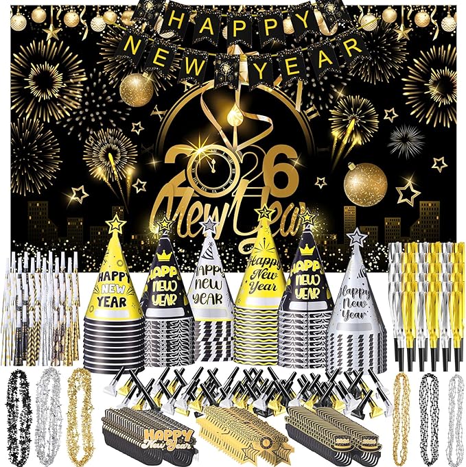 Gueevin 422 Pcs New Year's Eve Party Supplies Kit 2026 for 120 Guests, Including Happy New Year Banner & Backdrop, 60 Blowouts, 60 Squawkers, 60 Horns, 60 Hats, 60 Glasses, 60 Necklaces, 60 Leis