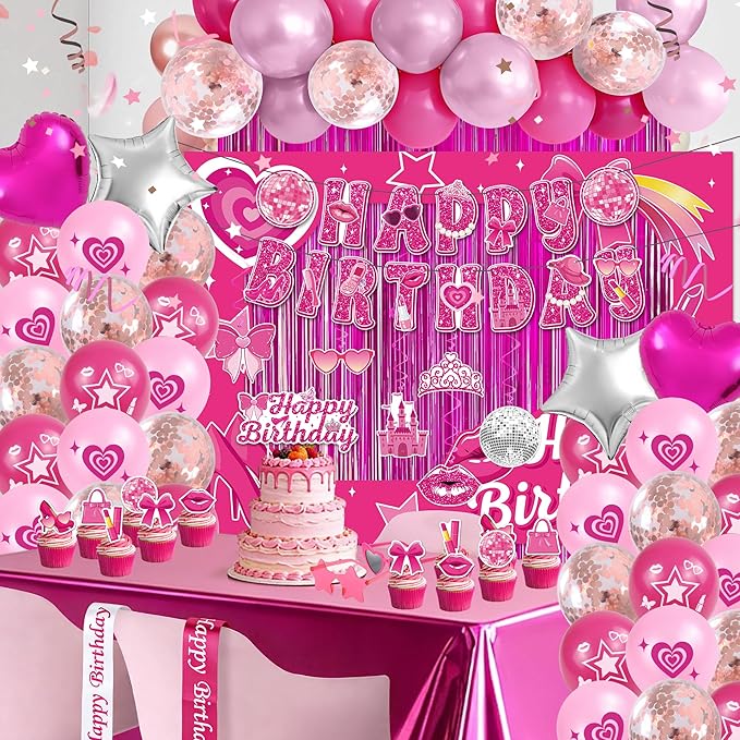 72PCS Pink Birthday Decorations for Girls, Pink Theme Party Supplies with Photo Booth Props & Selfie Frame Set, Banner, Foil Balloons, Tablecloth, Cake Toppers for 13th 16th 18th 21st Celebration.