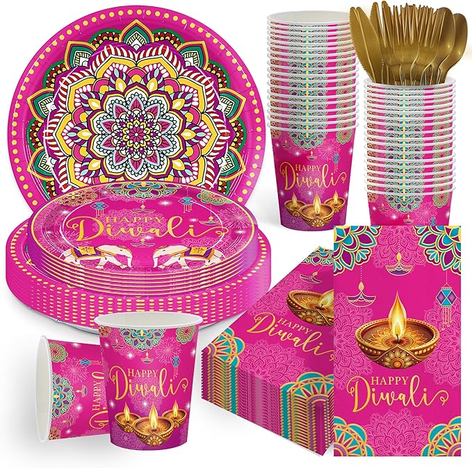 168pcs Happy Diwali Plates Napkins India Festival of Lights Disposable Cups Tableware Set Diwali Party Supplies for Festival of Lights Party Boys Girl Birthday Decorations Serve 24