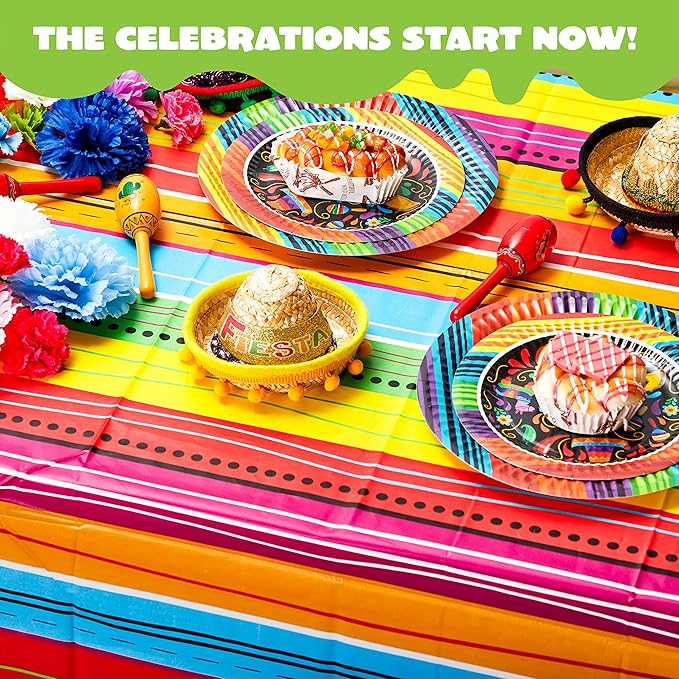 JOYIN 4 pcs Cinco De Mayo Printed Plastic Tablecover for Fiesta Decor, Muti-Colored (54 x 108 INCHES) Tablecloth for Fiesta Decorations, Taco Night, Birthday, and Mexican Themed Party
